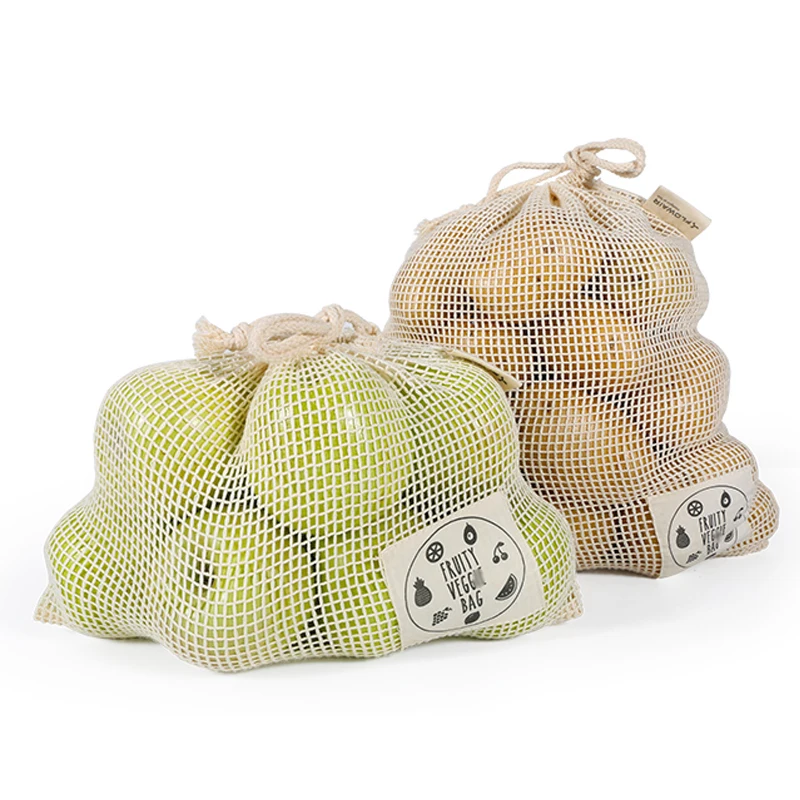 Fotografia 3: 6/10 pacotes de sacos de produção reutilizáveis de algodão orgânico, com cordão, sacos de malha para compras de supermercado, legumes e frutas
