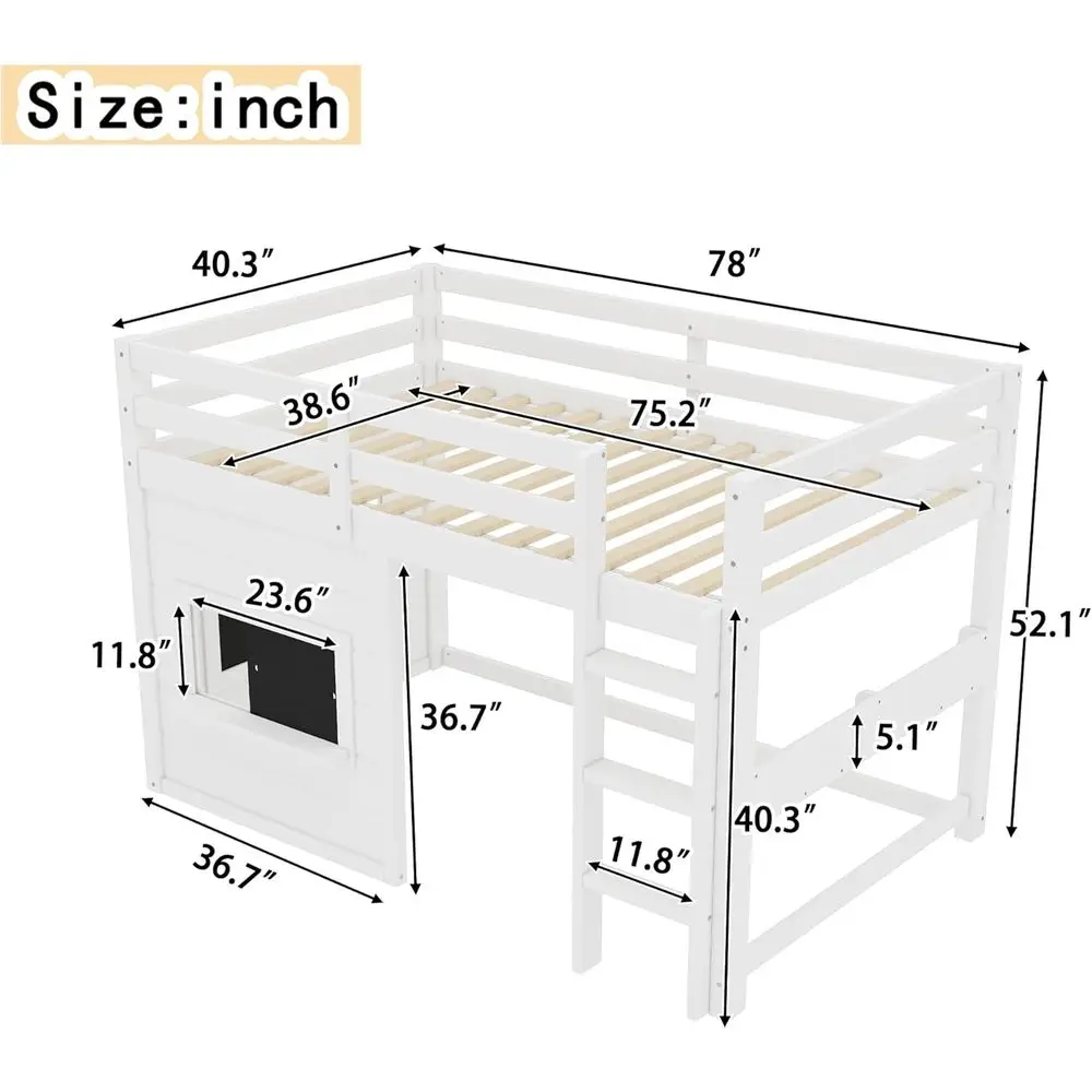 سرير علوي مزدوج أبيض مع مساحة تخزين، سبورة، ودرابزين للأطفال - نمط بيت اللعب