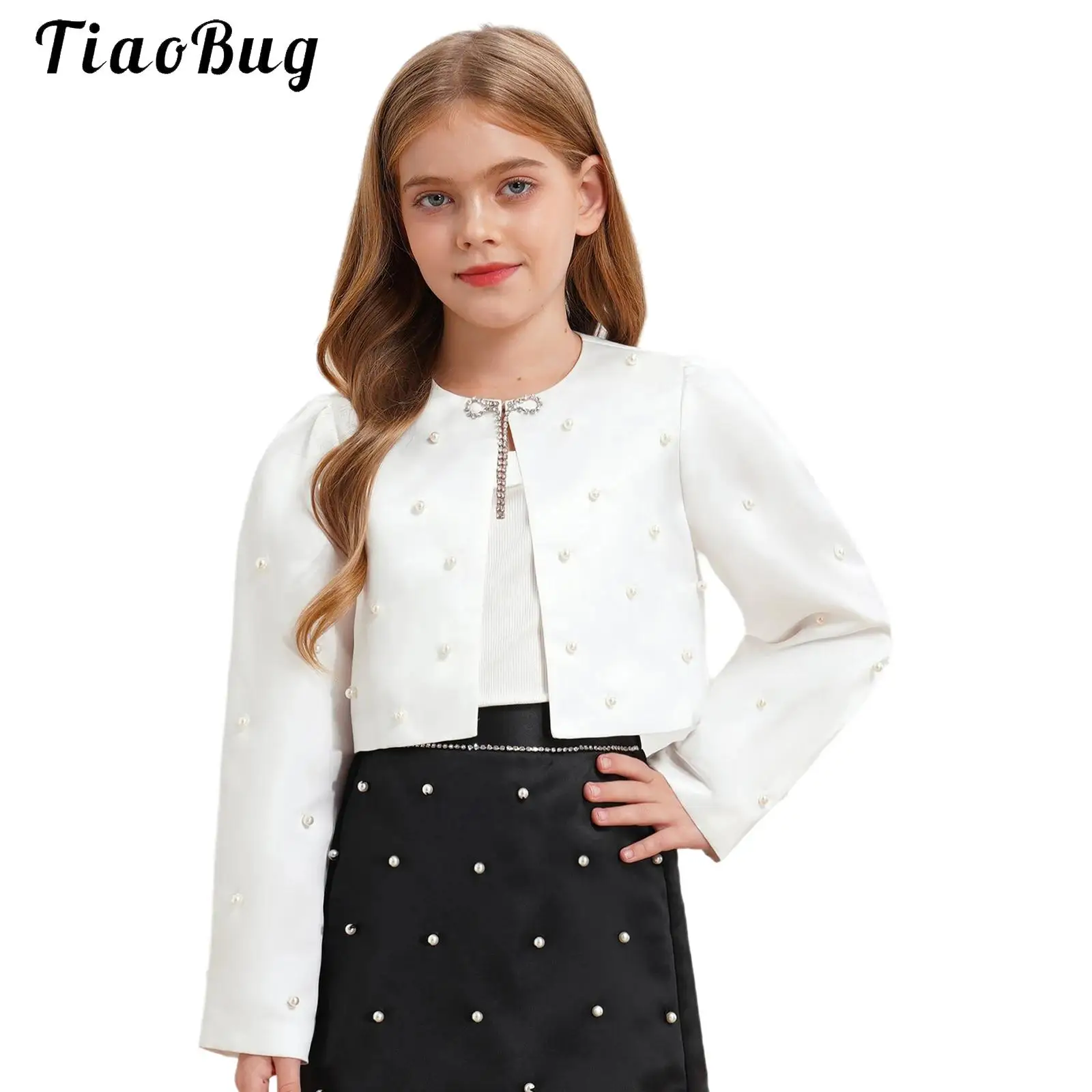 

Children Girls Bolero Jacket Long Sleeves Satin Faux Pearls Shrug Cardigan Bridal Cape for Communion Pageant Wedding Party Dress