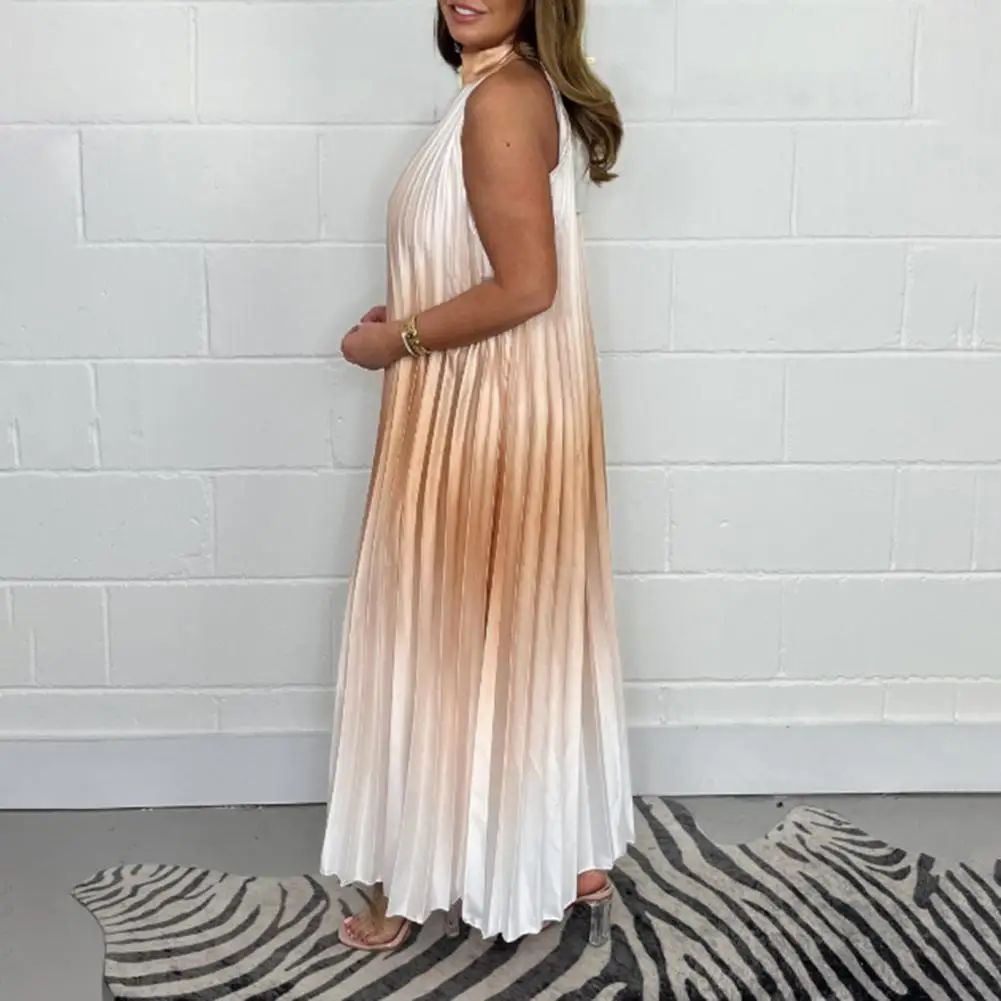 

Women Round Neck Dress Elegant Gradient Color Maxi Dress for Women Round Neck Holiday Dress Loose Fit Long Travel Pleated Women