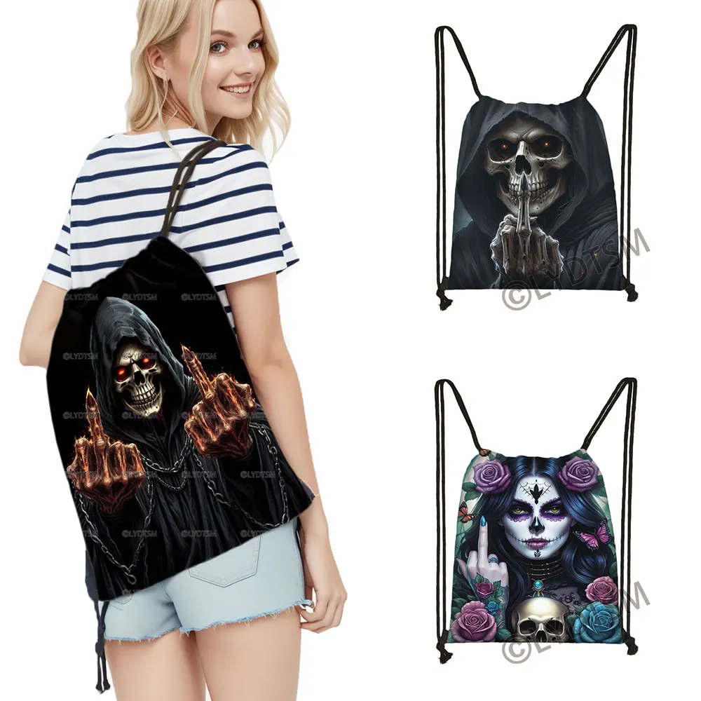 

Funny Grim Reaper Skull Middle Finger Pattern Backpack Drawstring Bags Day Pack Shoes Holder Witch School Bags Bookbag