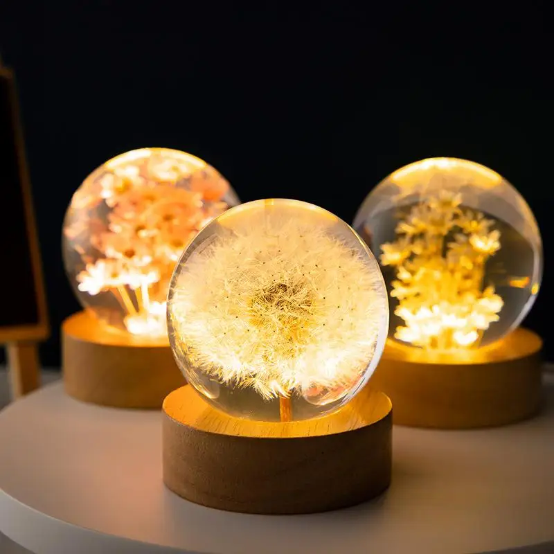 

Luminous 3D Dandelion Crystal Ball Beech Wood Stand Base Preserved Flower Sphere Ball Desktop Ornaments Bithday Christmas Gifts