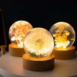 Sfera di cristallo di dente di leone 3D luminosa Base di supporto in legno di faggio sfera di fiori stabilizzata ornamenti da tavolo regali di natale di compleanno