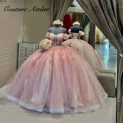 Robe de Bal Rose Clair pour Fille, Corset Transparent, Appliques en Dentelle, Off The Initiated Quinceanera, Sweet 16 Robes Personnalisées