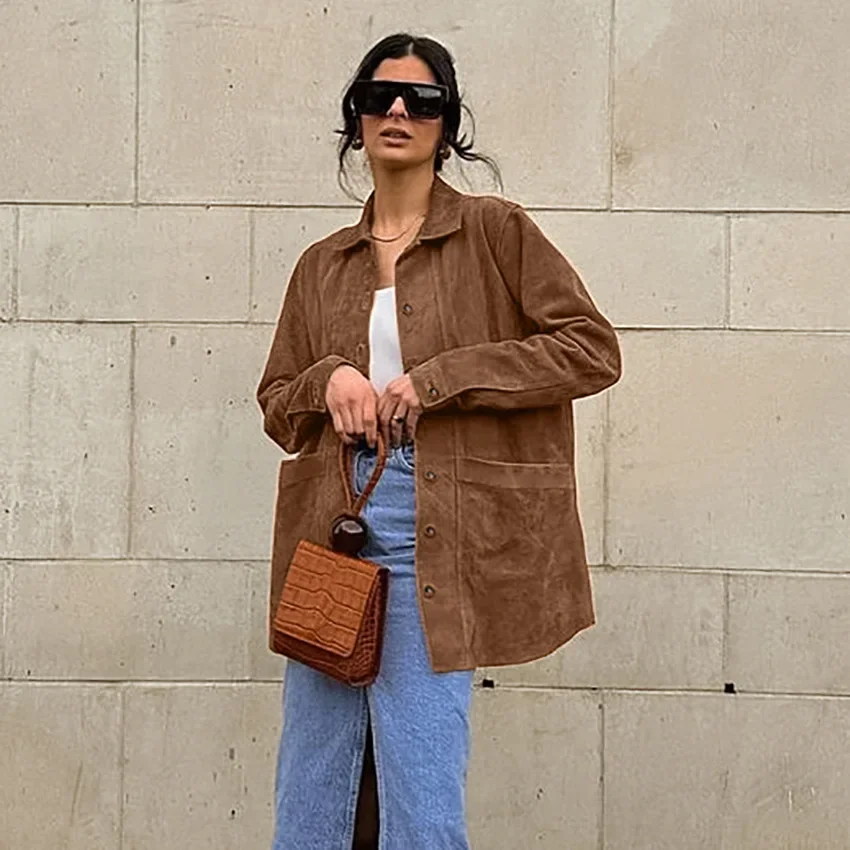 Suede Jacket Women Streewear Spring Autumn Oversized Brown Jacket Shirt Cardigan Midi Coat Outerwear Vintage Women‘s Clothes