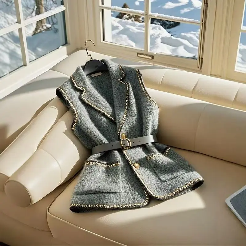Franse High End Blazer Vest Vrouwen Jas Winter Vest Mouwloos Casual Office Lady Vest Winter 2025, Koreaanse Tops