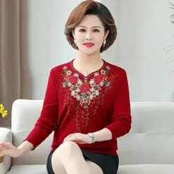 Fashion Middle Aged Elderly Women's Sweater 2026 New Spring Autumn  Knitted Sweater Pullover Casual Lady Embroidery Knitwear Top