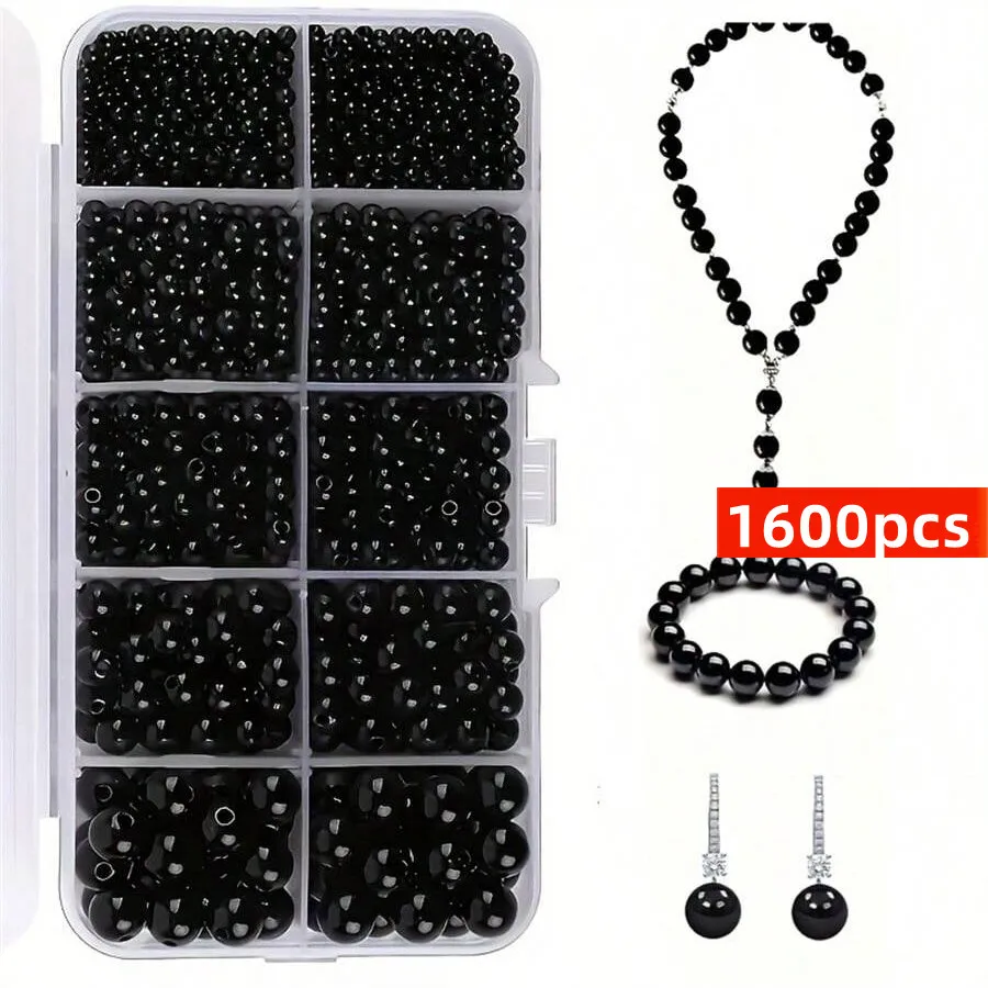 1600pcs, 3/4/5/6/8mm Black Round Bead Set Box in Various Sizes, Separated Storage, Bracelets, and DIY Bead Jewelry Making