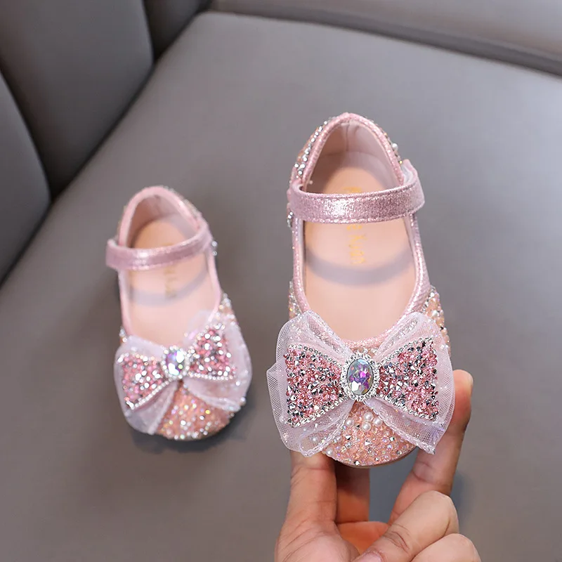 

Spring Girls Lace Bow Leather Shoes Autumn Kids Rhinestone Flats Wedding Shoes Children's Sequins Single Shoes J303