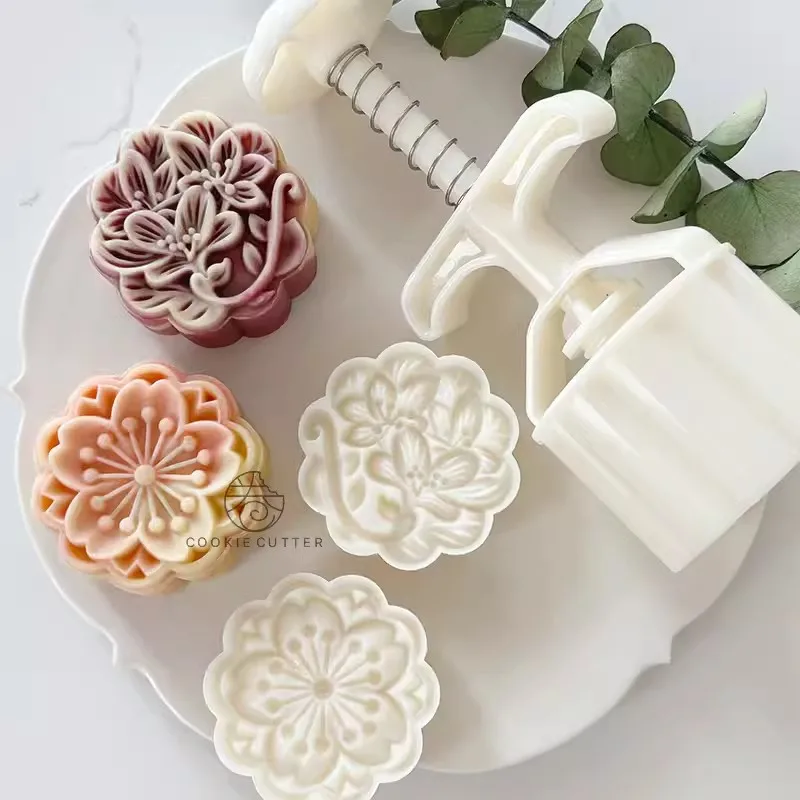 2pcs/Set 75g Azalea Flower Moon Cake Plunger Mold Cherry Cookie Cutter Stamp Mid-Autumn Festival Pastry Dessert Baking Gadgets