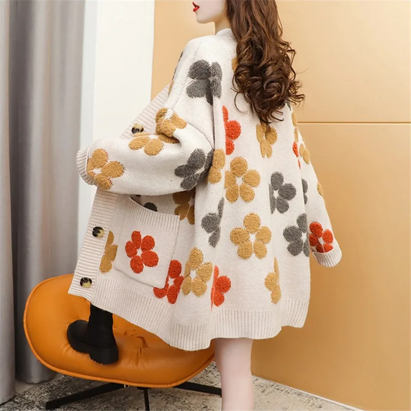 Embroidery Knitted Cardigan Women\'s Sweater Warm Long Sleeve Flower Print Pocket Jumpers Autumn Winter Loose Sweaters