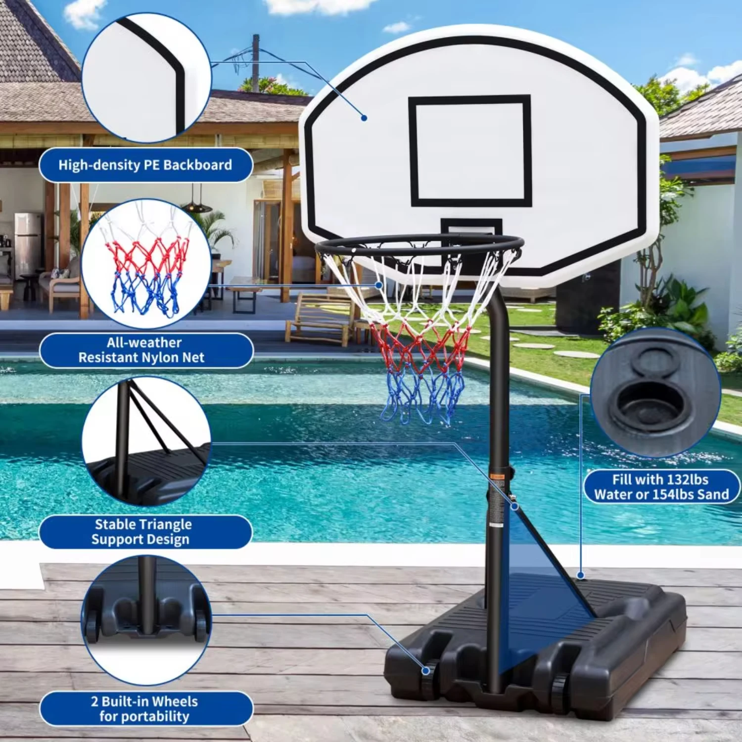 New Portable Poolside Basketball Hoop Swimming Pool 3.1ft to 4.7ft Height-Adjustable Basketball System Goal Stand