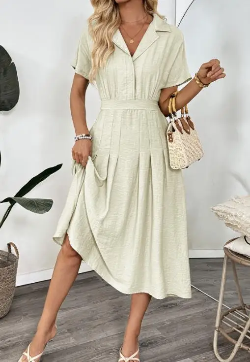 

Women's Dress Summer New Style British Style Elegant Temperament Solid Simple Lapel Slim Fit A-Line High Waisted Shirt Dress