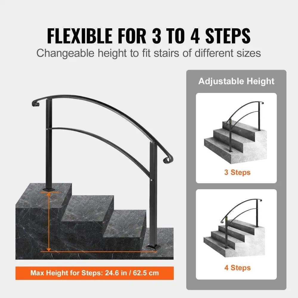 4-Step Handrail Fits 1 or 4 Steps Matte Black Stair  Wrought Iron Handrail with Installation Kit Hand Rails for outdoor