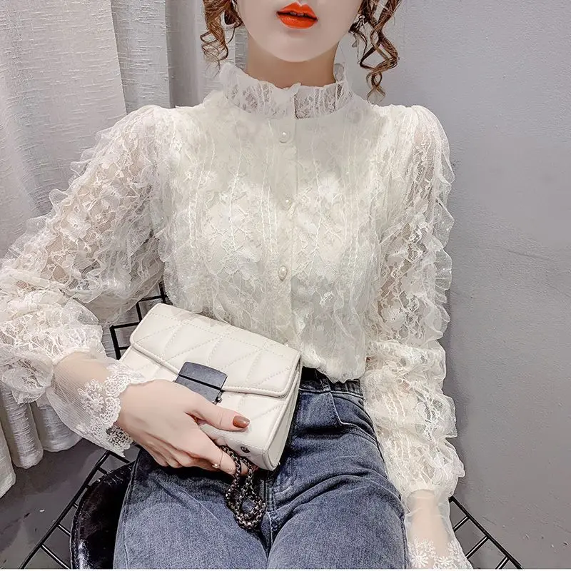 

Fashion Stand Collar Button Hollow Out Lace Shirts Women's Clothing 2025 Spring Autumn New Loose Chic Tops Office Lady Blouses