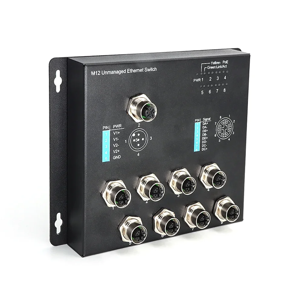 Nieuwe Onbeheerde M12 X-code 8-pins vrouwelijke connector Industriële Ethernet-schakelaars DC12-52V PoE-voeding M12 X-code 8-pins