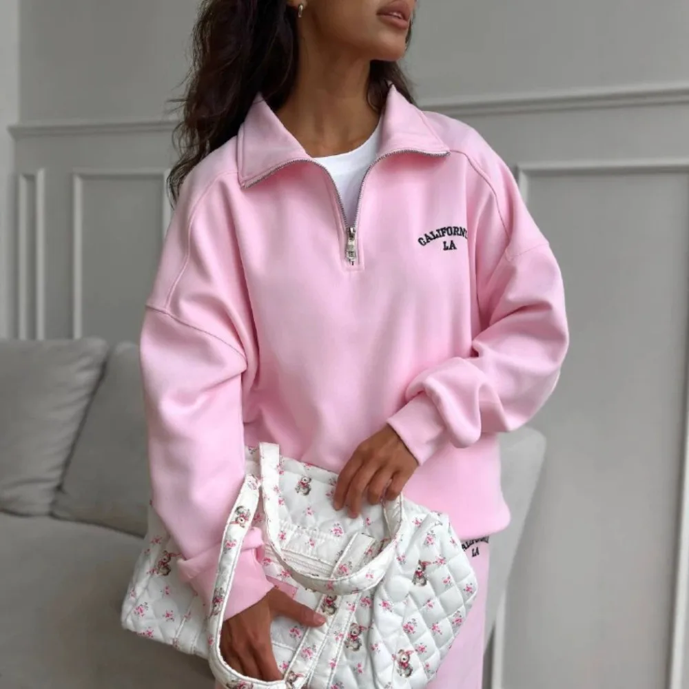 Sports Style Letter Embroidered Hoodie Straight Pants Suit Autumn and Winter Women Gentle Loose Warm Half Zipper Top Pants 2Pcs view 3