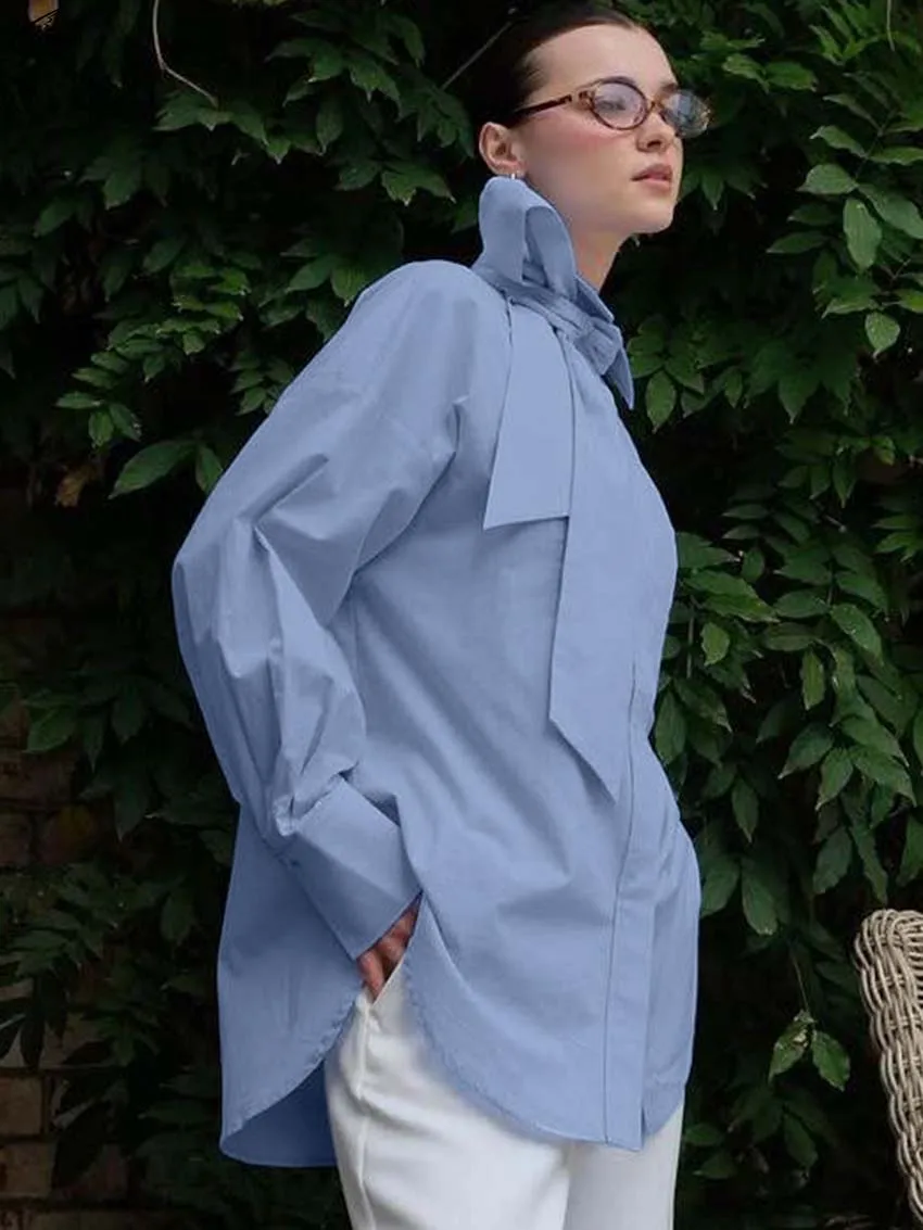 Oymimi Fashion Niebieskie Bawełniane Bluzki Damskie Eleganckie Bluzki z Kołnierzykiem i Wiązaniem Casualowe Bluzki Wiązane Zapinane na Guziki Koszule Damskie