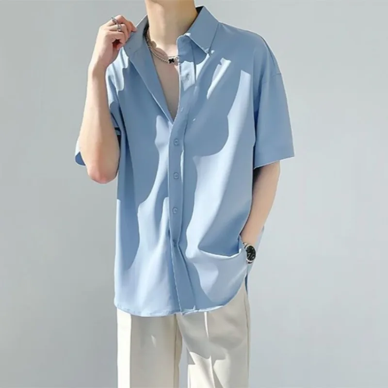 

Ins Summer Korean Trendy Men's Short Sleeve Shirt Set Thin High End Casual Cool Rebellious Minimalist Solid Color