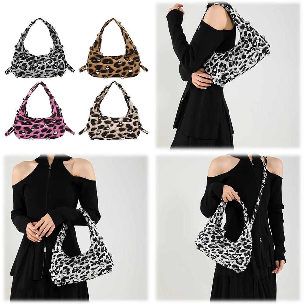 Women Studded Leopard Print Shoulder Bag Adjustable Strap Rivet Leopard Tote Handbag Fashion Rivet Tote Bag Ladies Commute Bag