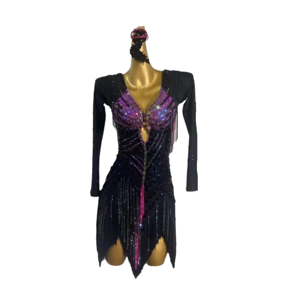 

Latin Dancer Adult Children High-End Customized Black Purple Crystal Bead Tube Tango Samba AB Stone Performance Dress