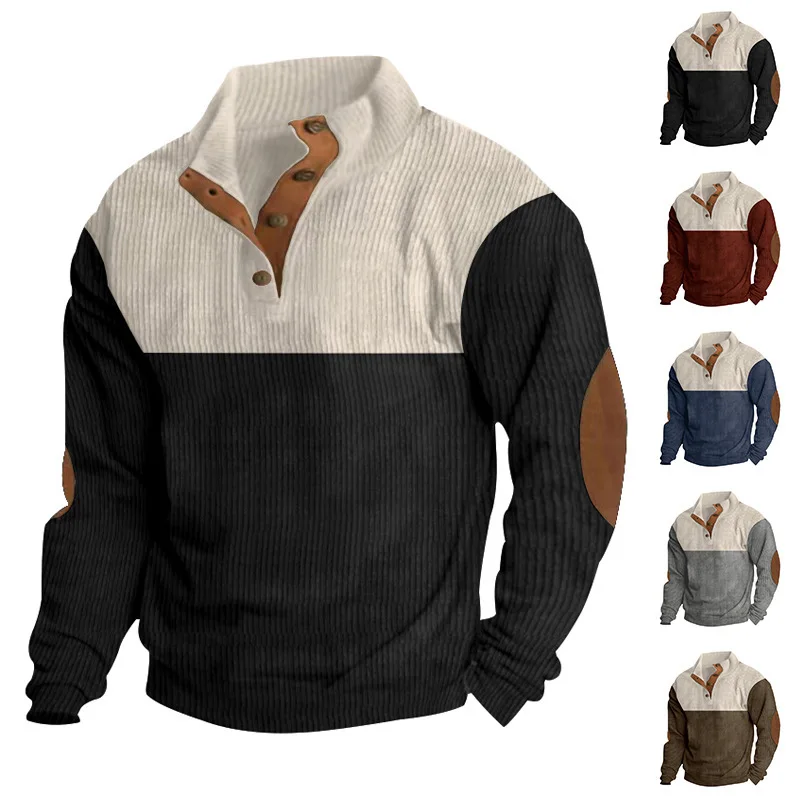 Men's Corduroy Patchwork Sweatirt Outdoor Casual Loose irt Stand Collar Button up Spring Autumn Youth Faion Long Sve
