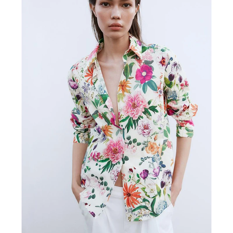 Primavera nuove donne casual lungo Sve colletto rovesciato stampa floreale seta irt pendolari Faion fibra di poliestere 00%