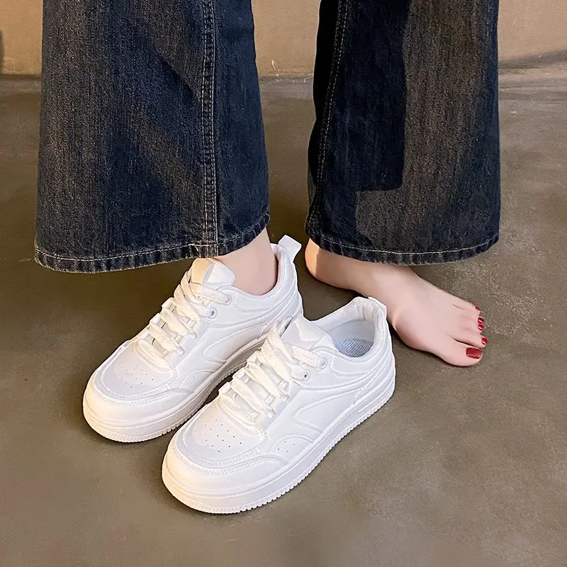Lightweight Campus Essential White Sneakers for Women Students Ultra Thin Thick Sole Pure White Color Comfortable School Shoes