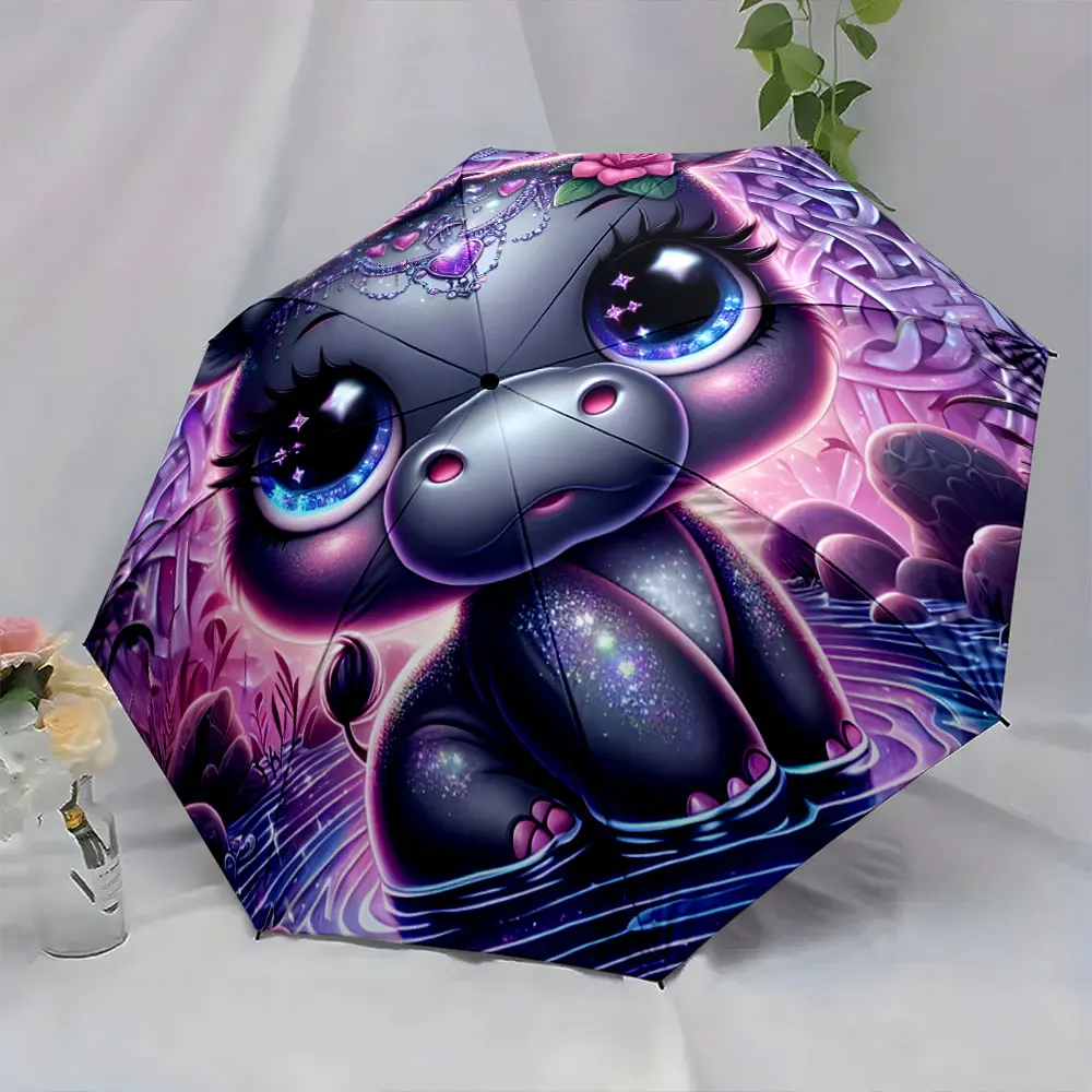 1PC Cute Hippo-Themed Umbrella with Vibrant Artistic Design Print 8 Iron Ribs Folding Umbrella Auto-Open Fashion Sunshade