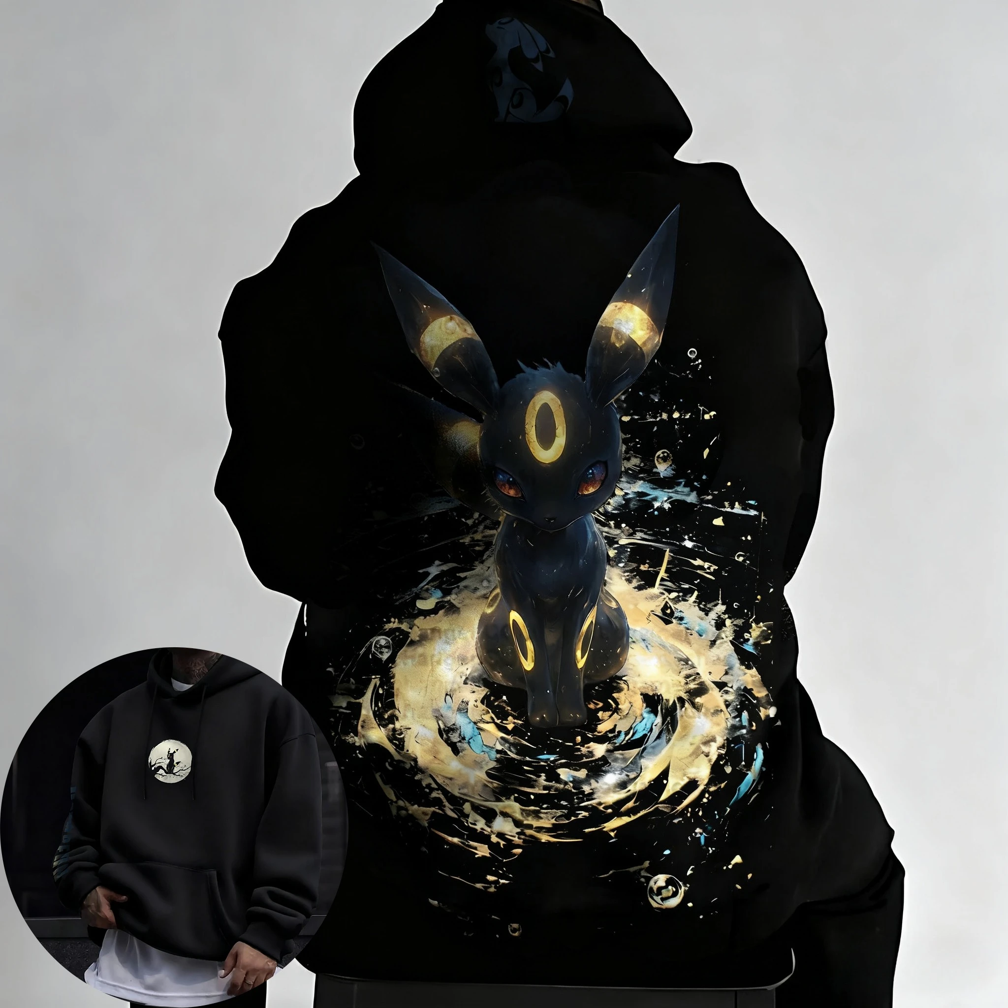 เสื้อฮู้ดลายโปเกมอน อุมบริออน สไตล์ Y2K ปี 2025 สำหรับผู้ชาย ฤดูใบไม้ร่วง/ฤดูหนาว ใหม่ สไตล์ฮาราจูกุ ทรงหลวม ใส่สบาย เสื้อสเวตเตอร์สำหรับพ่อแม่ลูก