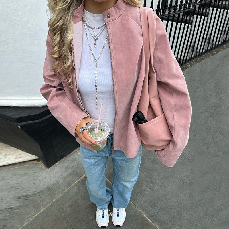 Tornova Fashion Suede Long Sleeve Jacket Women's Stand Collar Vintage Zipper Casual Loose Coat Autumn New Lady High Street Coat