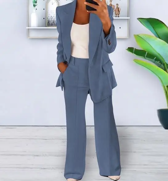 

Новый модный однотонный женский деловой костюм - пиджак с длинными рукавами и лацканами, брюки с широкими штанинами