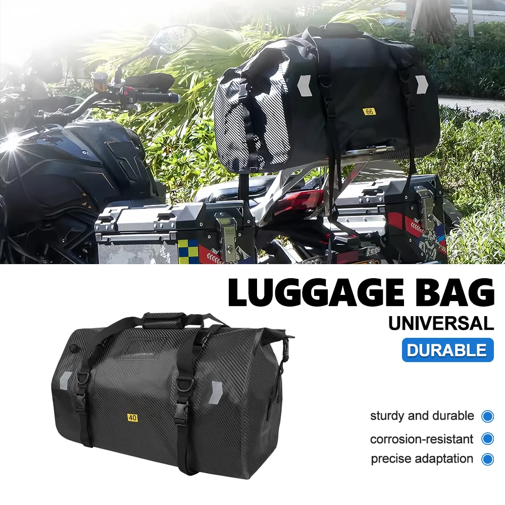 Motorcycle Rear Duffel Carbon‑Fiber Texture Wear‑Resistant Surface Expandable Strap Mount Adventure Rear Rack Bag Mod Parts