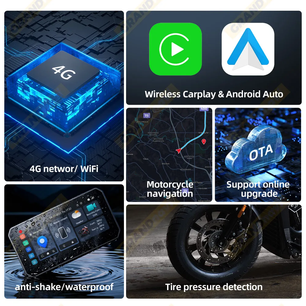 6.3 بوصة أندرويد 12 المحمولة دراجة نارية DVR IPS عرض نظام تحديد المواقع اللاسلكية CarPlay أندرويد السيارات الجبهة الخلفية كام TPMS IP67 دعم جوجل #2