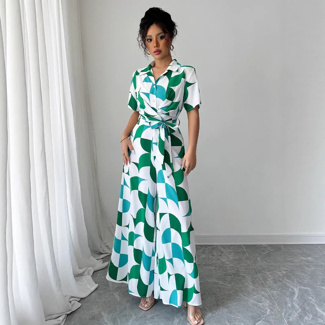 

Women's 2025 Summer Printed Short Sleeve Jumpsuit Mid Waist Tie Waist Wide Leg One Piece Romper Elegant Casual Long Overalls