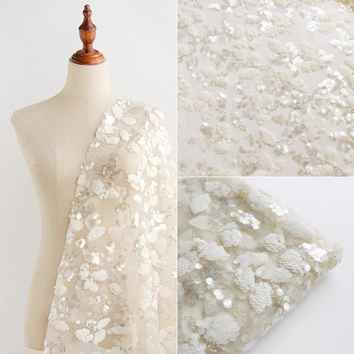 

White mesh bead embroidery fabric sequin embroidery lace fabric sewing dress cheongsam decoration custom fabric