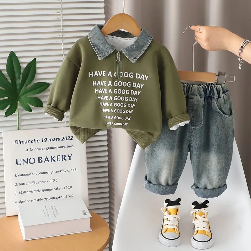 ZOETOPKID Stylish Autumn Fashionable Long Sleeve Denim Collar Boys' Two-Piece Set Trendy Baby Autumn Winter Clothing