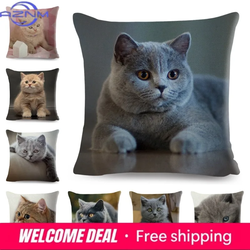 British Shorthair Russian Blue Cushion Cover Decor Cute Cat Pet Animal Pillowcase Polyester Pillow Case for Sofa Home Car
