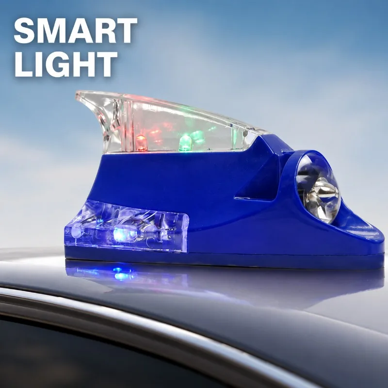 Wind‑Powered Shark‑Shaped LED Strobe Lamp Universal Vehicle Roof Antenna Colorful Glow Anti‑Rear‑End Collision Warning Ornament