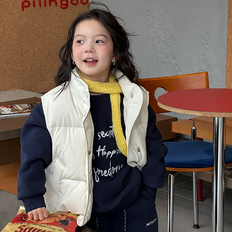 2025 New Fashion Kids Winter Casual Versatile Warm Down Vest Loose Stand-up Collar Waistcoat Boutique Clothing Simple Style