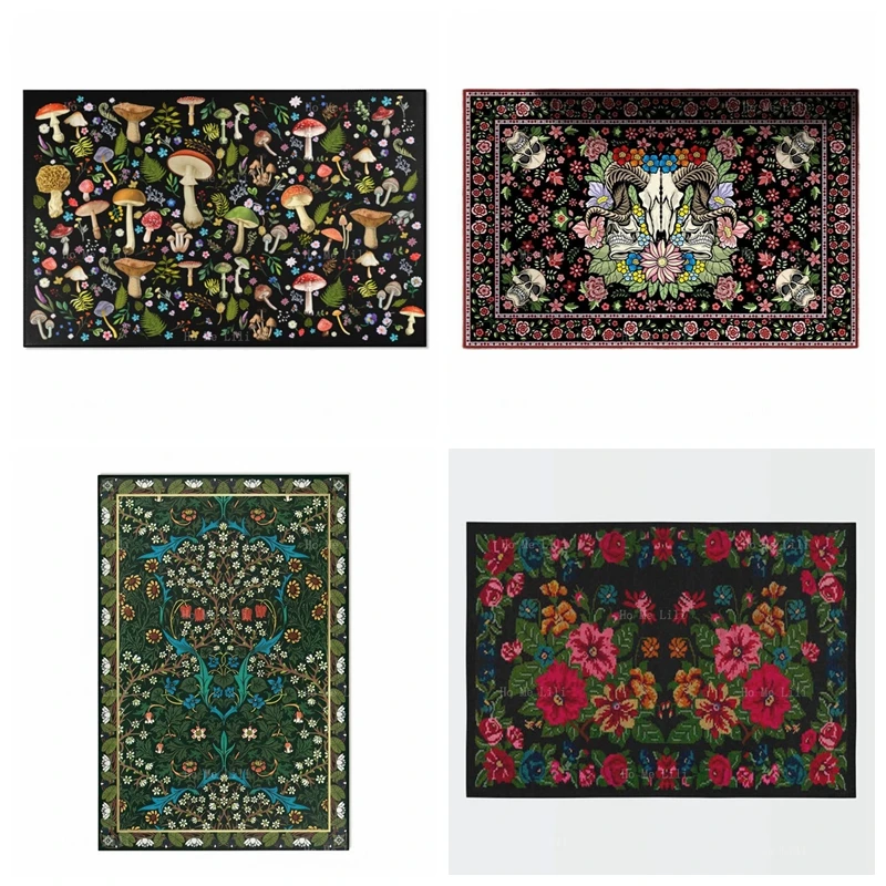 Gothic Goat Pink Floral Skull Wild Roses Mushroom Art Flannel Floor Rugs Green Living Room Apartment Decor Vintage Style