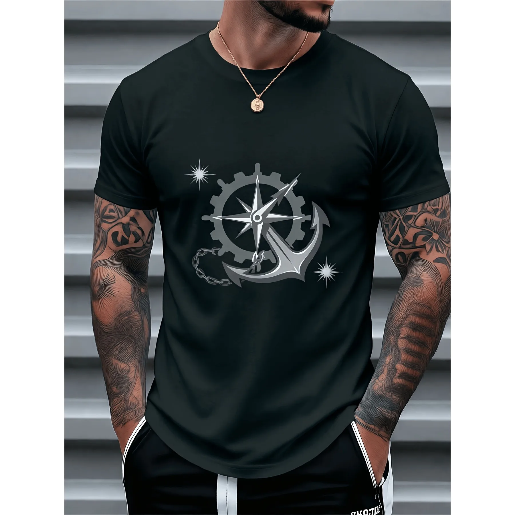 Nautical Anchor Compass Graphic Men's T-Shirt Short Sleeve Breathable Daily Casual Tee