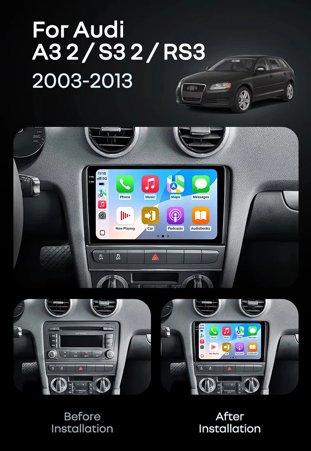 Android 16 For Audi A3 2 8P 2003-2013 S3 2 RS3 CarPlay Android Auto Car Radio Stereo GPS Navigation Multimedia Player Wireless