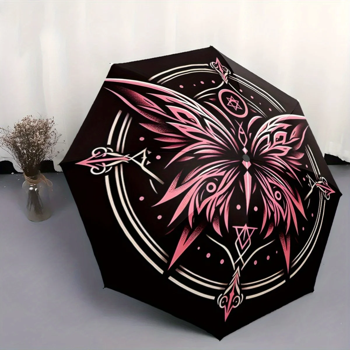 

Автоматический открытый/закрытый складной зонт с черно-розовой готической бабочкой, пентаграммой, стрелкой и круглыми узорами — компактный дорожный U