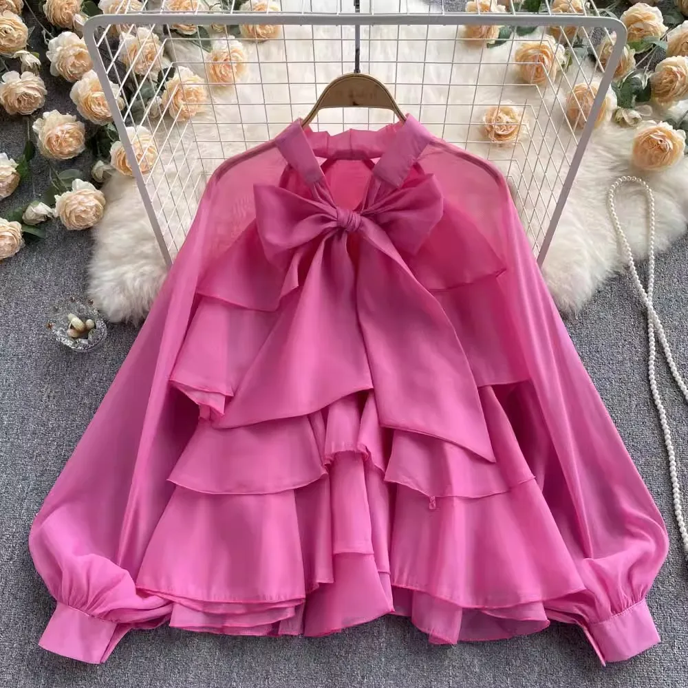 2024 New Chic Elegant Autumn Yellow Chiffon Loose Shirt Tops Women Bowknot Collar Lantern Sleeve Ruffles Layers Holiday Blouses