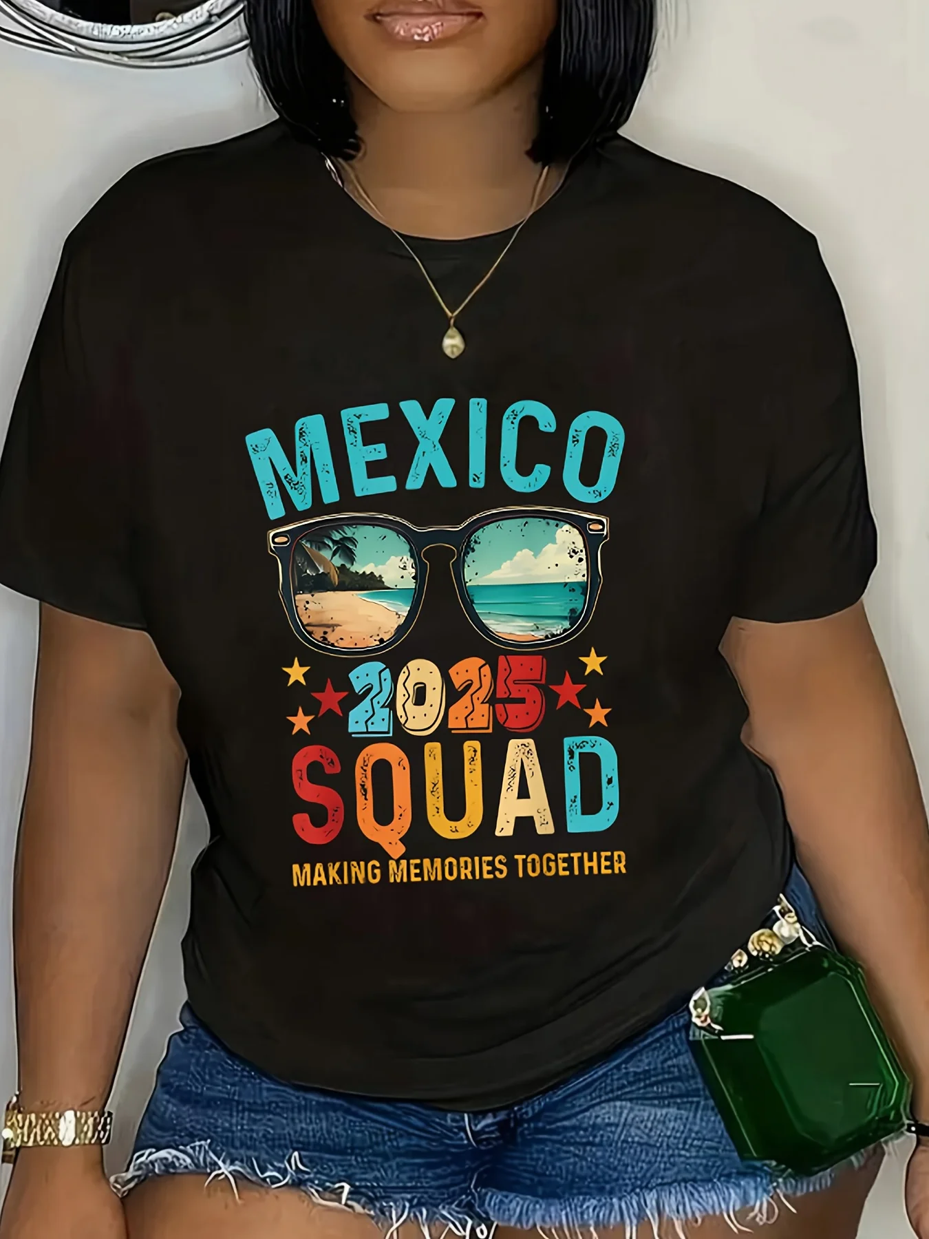 

MEXICO 2025 SQUAD letters beach sunglasses pattern daily short-sleeved T-shirt summer fashion women wear.