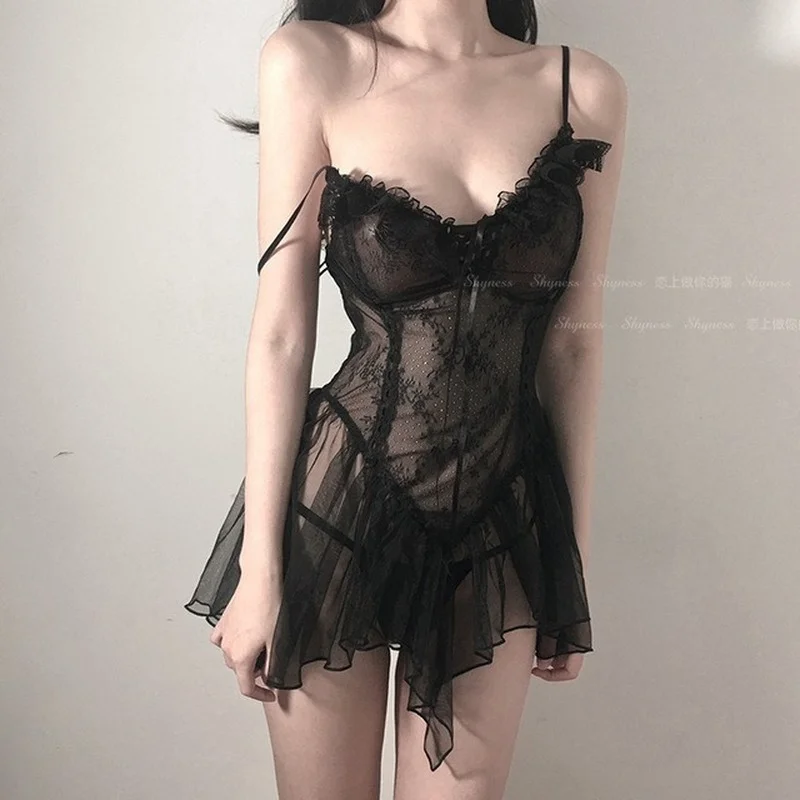 Lingerie sexy de renda preta para mulheres, camisola curta, lingerie em perspectiva, vestido fino suspensor, traje exótico lolita, terno sexual, 18