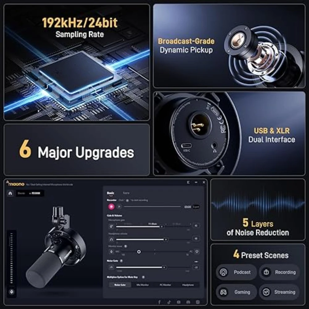 ميكروفون ديناميكي - ميكروفون تسجيل بودكاست USB XLR: للتسجيل الصوتي، وإنشاء المحتوى، والاستوديو المنزلي، والبر الصوتي - ترقية جديدة #2