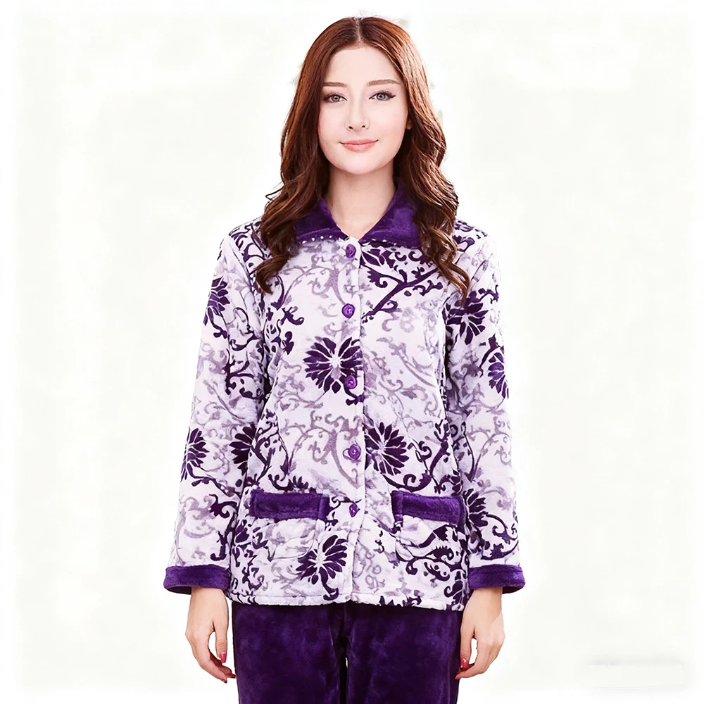 

Женский зимний пижамный комплект с плюшевым воротником - одежда для сна с цветочным принтом