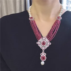 Natural Red Crystal  With Necklace With Cultured White Pearl CZ Flower Pendant Handmade Chic Gift